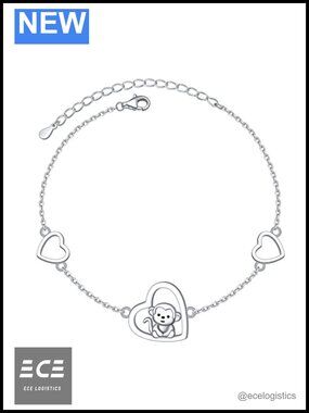 925 Sterling Silver Monkey Heart Bracelet with Rolo Chain Adjustable
